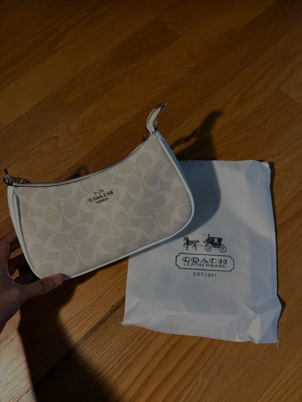 Coach Small Signature Wristlet in Chalk/Light Gray with Gold Logo
